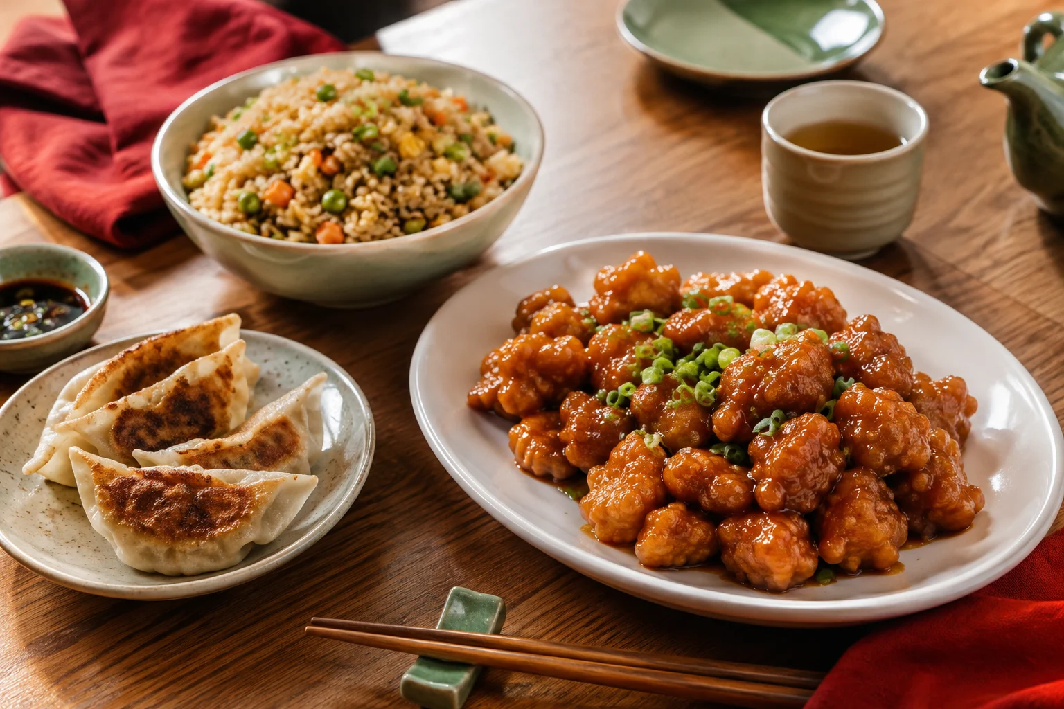 Illustrative Chinese meal with glazed chicken, pan-fried dumplings and fried rice; not actual Red Bowl Kitchen food photography.