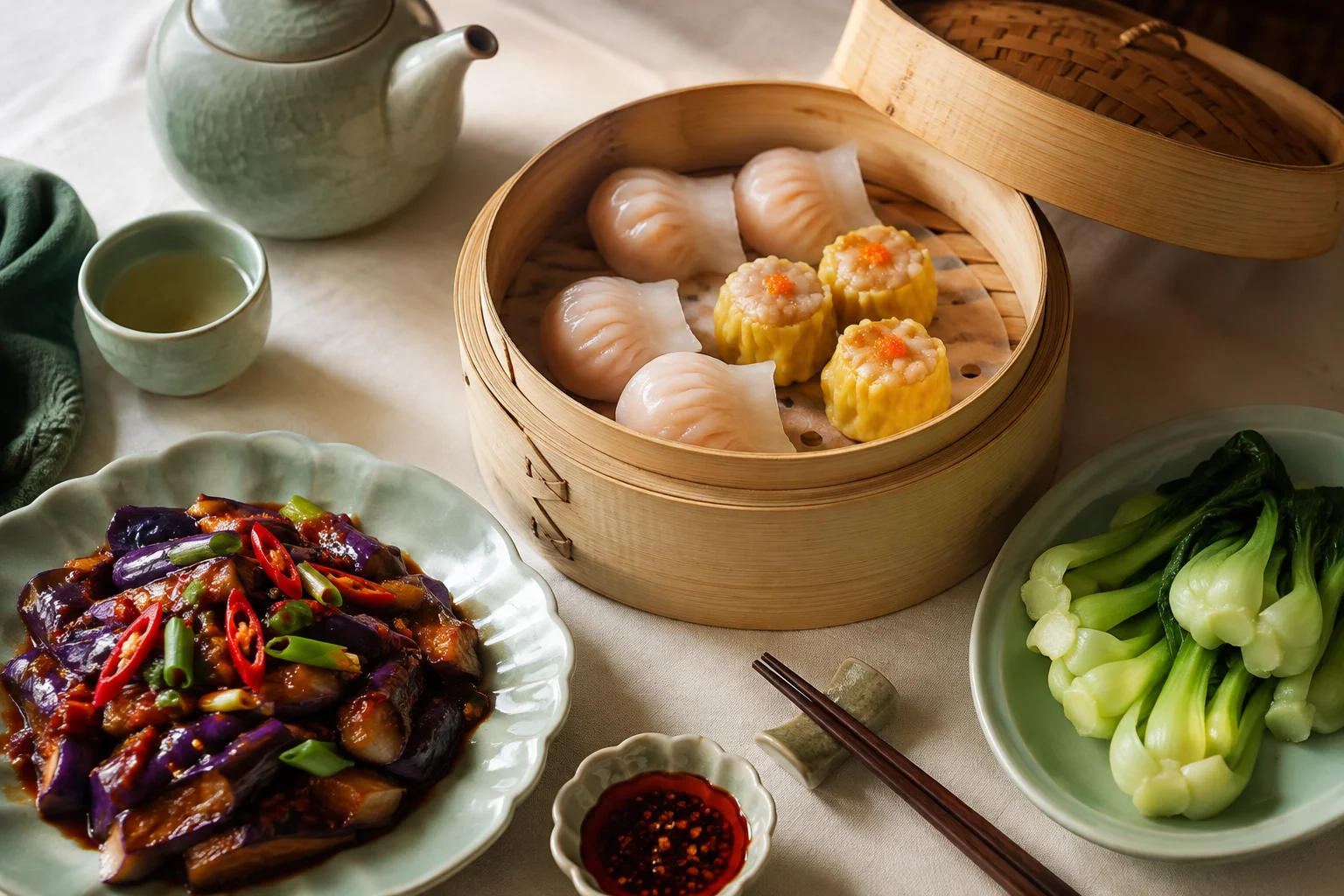 Illustrative table set with bamboo dim sum baskets, eggplant, bok choy and tea; not actual Jade Garden food photography.