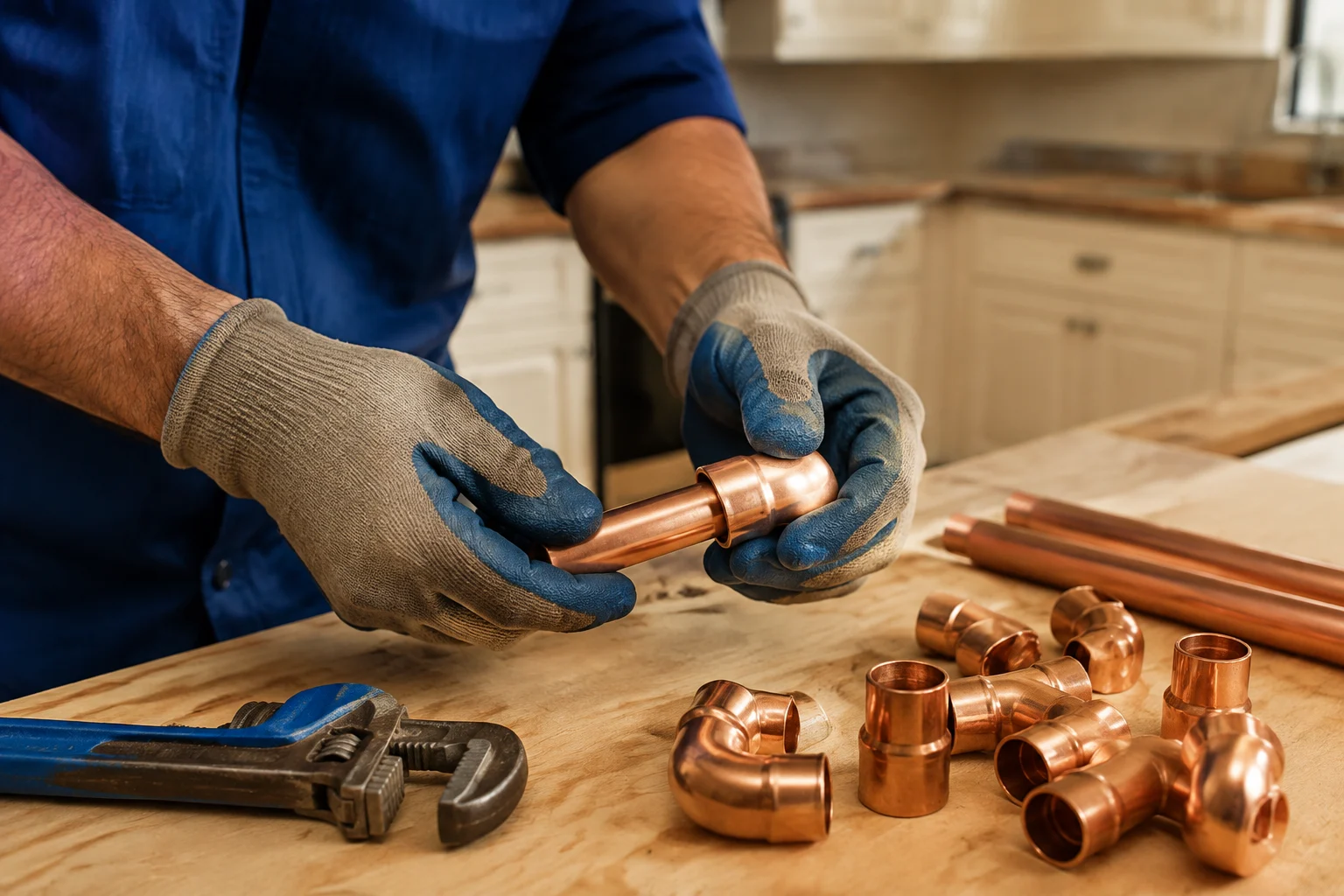 Illustrative plumbing concept: careful copper pipework at a tidy workbench